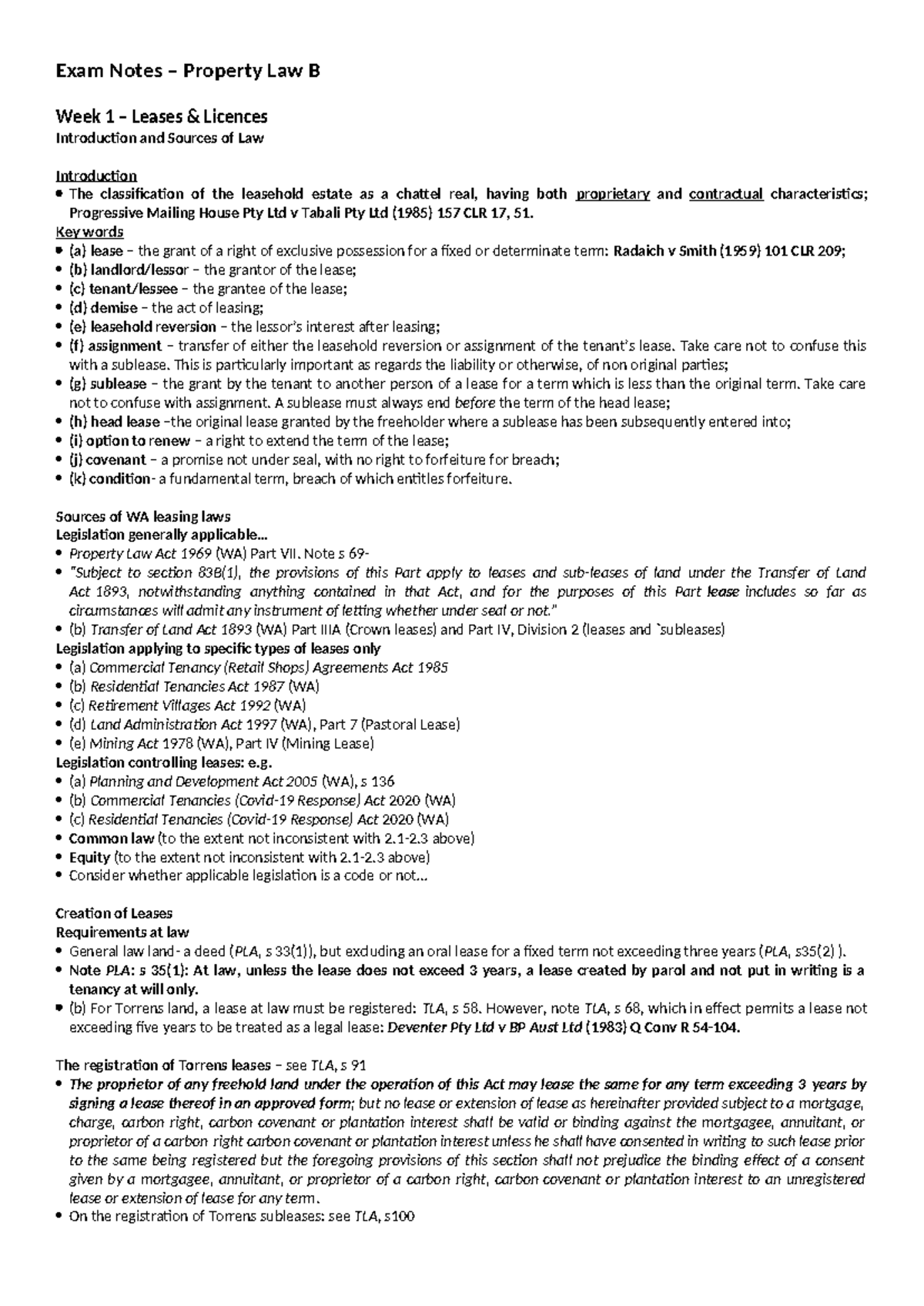 Property Law B Exam Notes: Week 1 - Leases & Licences Overview - Studocu