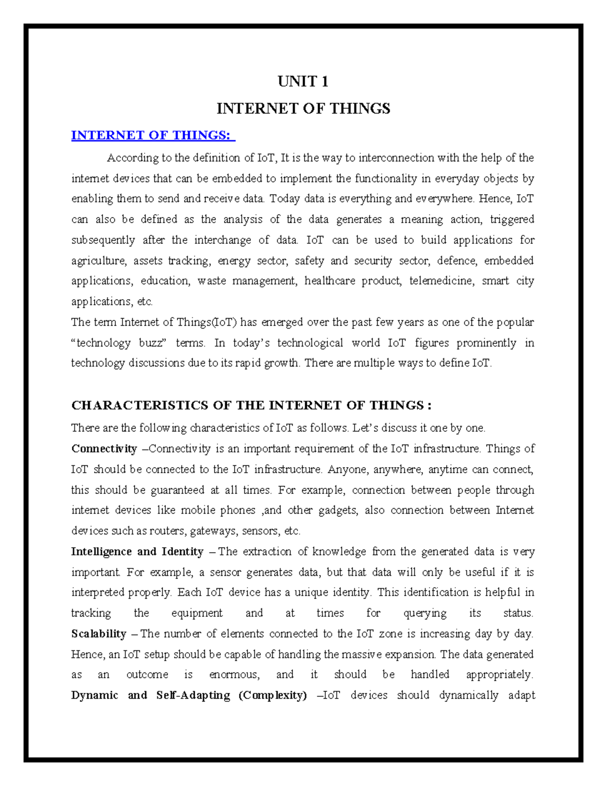 Unit 1: Introduction to IoT - Concepts, Characteristics, and ...