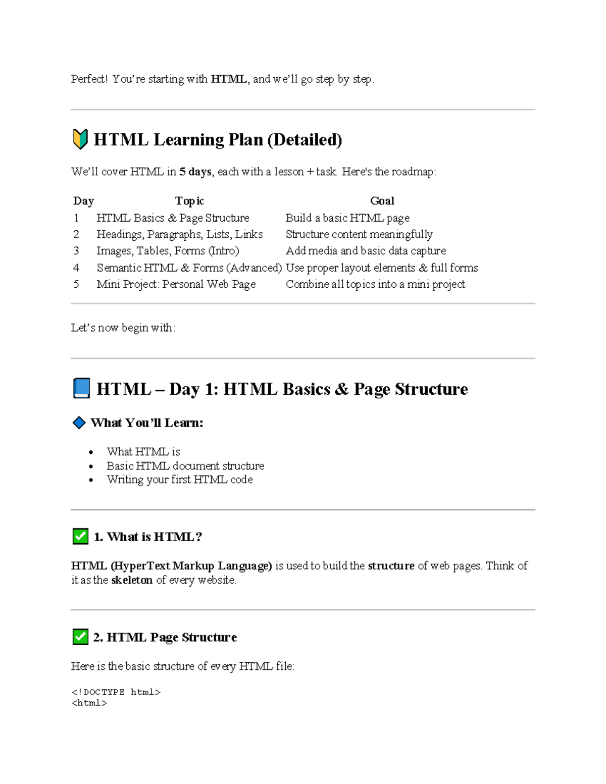 HTML Learning Plan: 5-Day Course (Web Dev) - Studocu