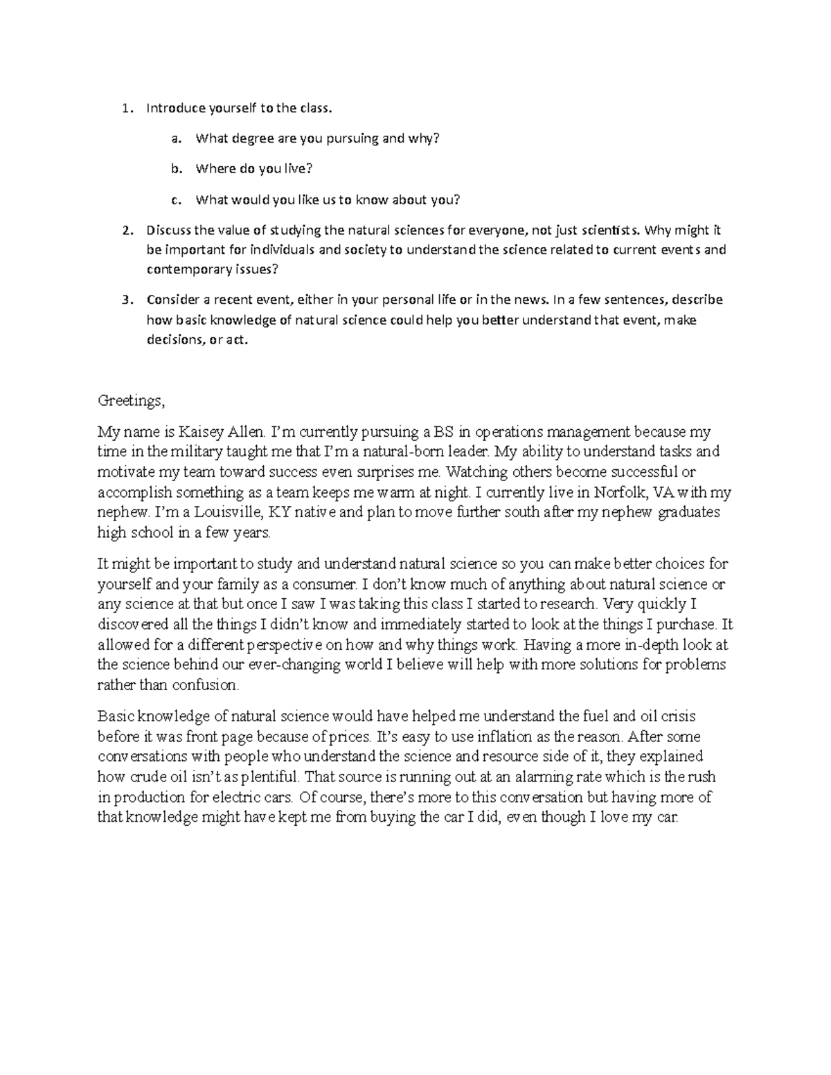 Intro discussion natural science - Introduce yourself to the class. a ...