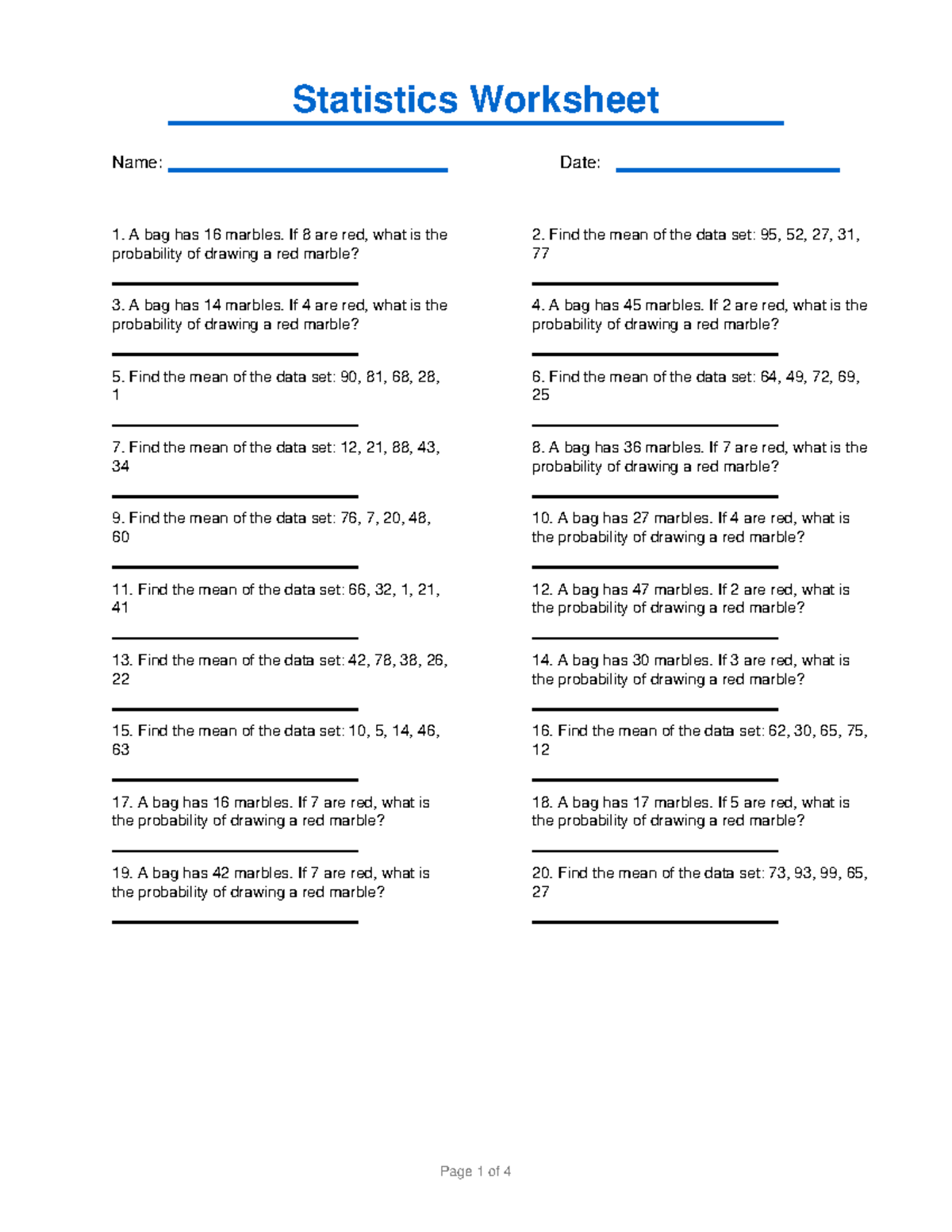 Statistics Worksheet 1: Probability & Mean Calculations - Studocu