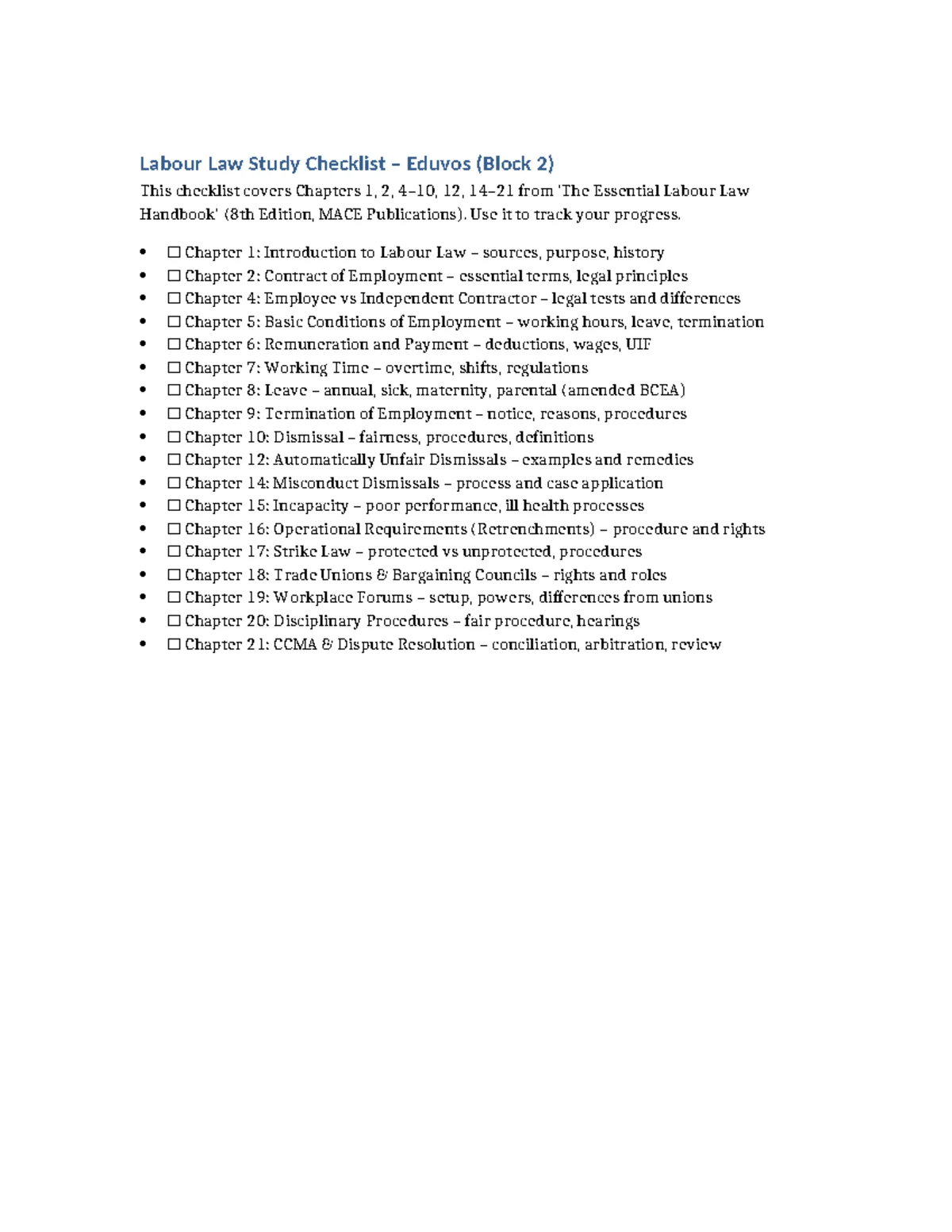 Labour Law Chapter Summary Eduvos (Block 2) - Key Concepts & Overview ...