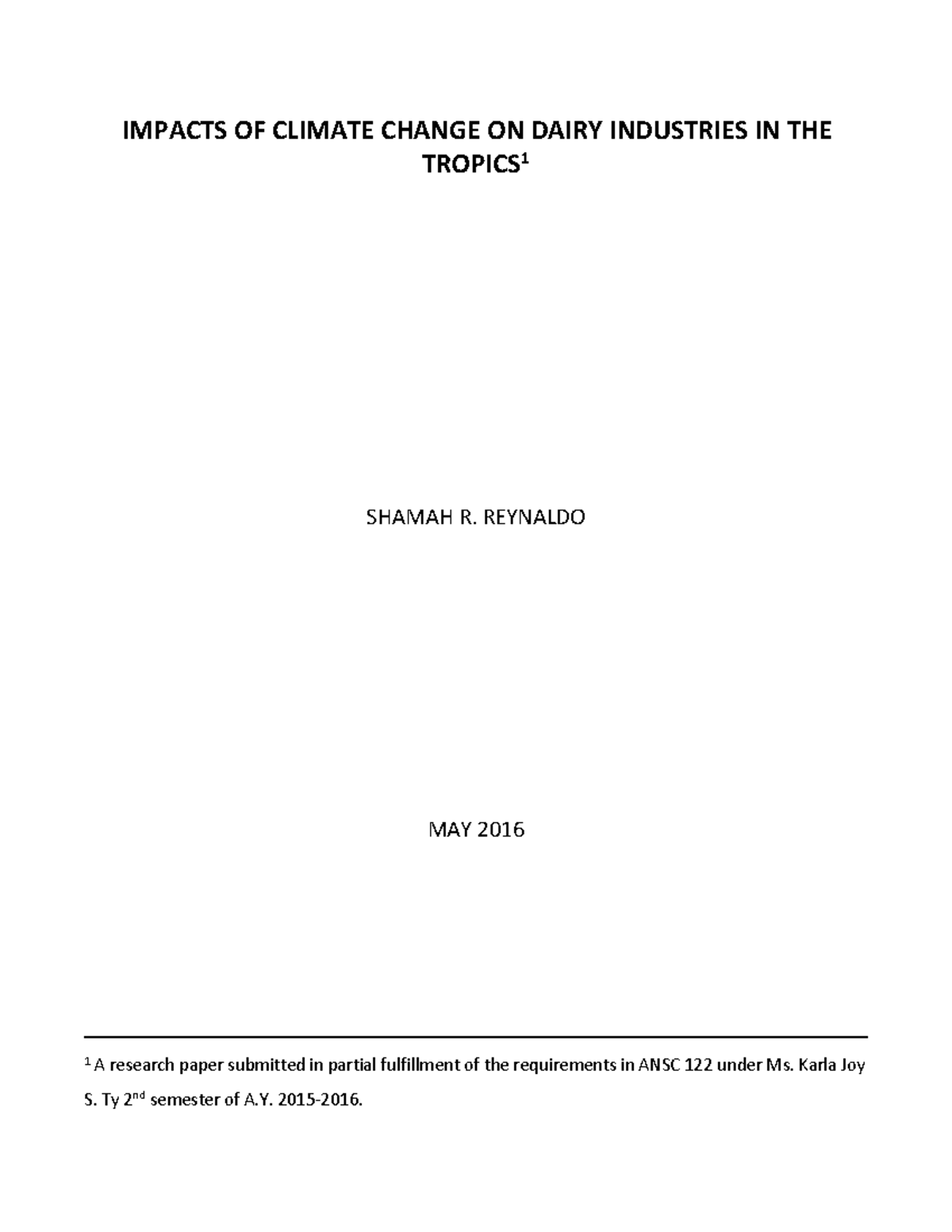 Impacts of Climate Change on Dairy Industries in the Tropics (ANSC 122 ...