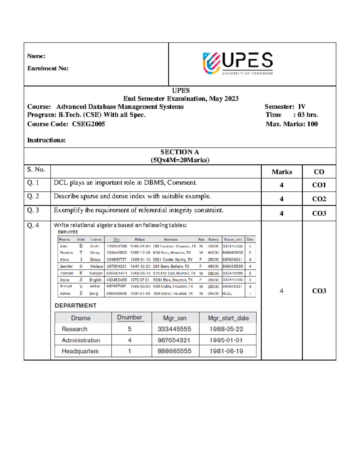 ADMS 2023 - End Semester Exam Paper for Advanced DBMS (CSEG2005) - Studocu