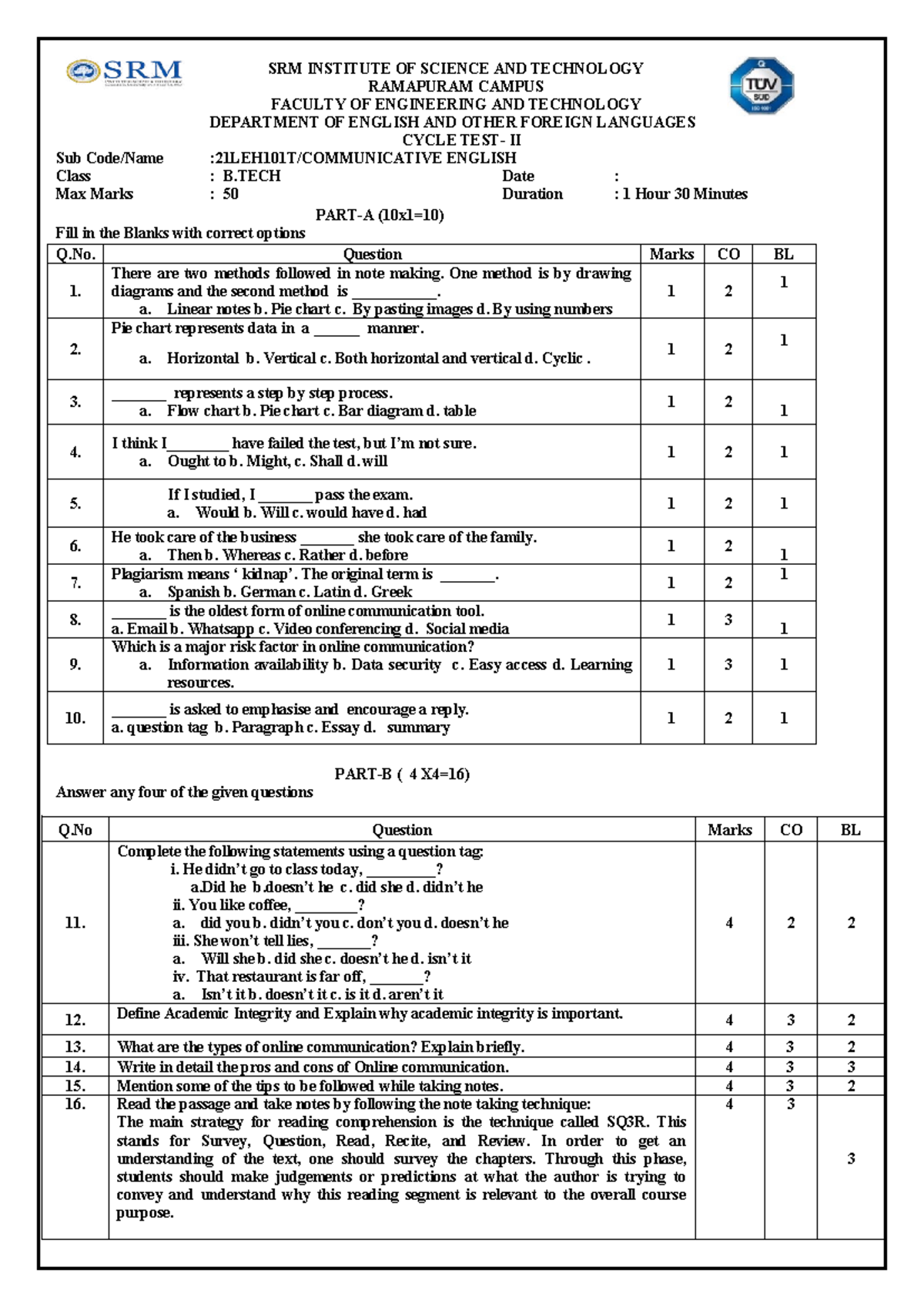 CT 2 - Question Paper: Communicative English 2023 - Studocu
