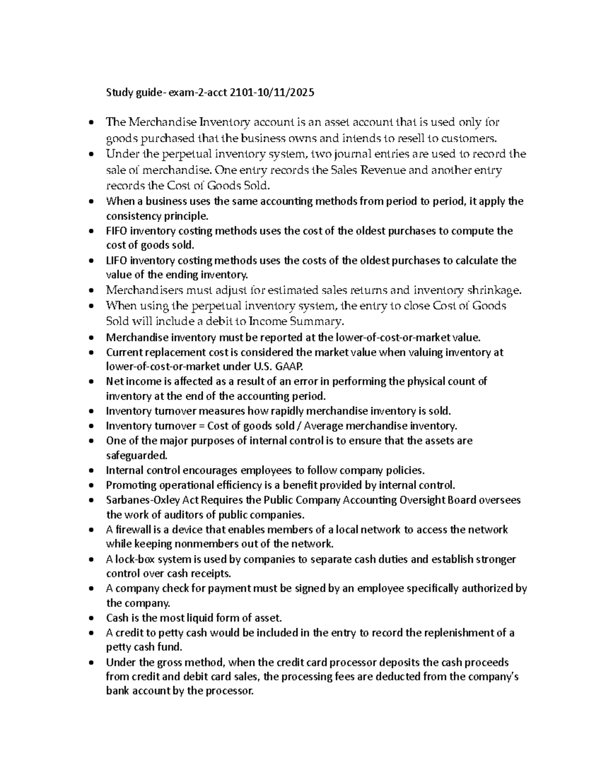 Study Guide for Exam 2 - ACCT 2101: Key Concepts & Journal Entries ...