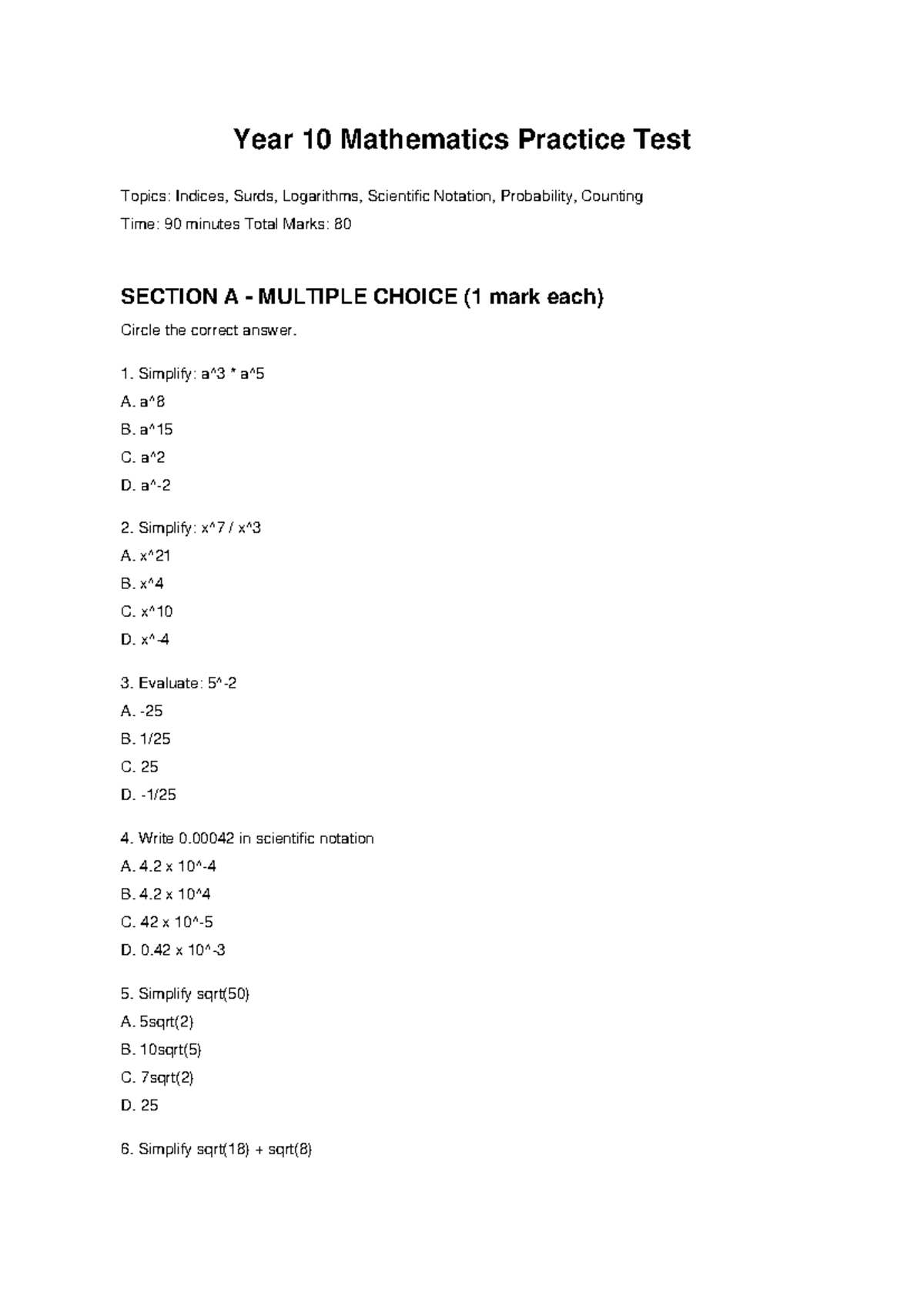 Year 10 Maths Practice Test: Indices, Logarithms & Probability - Studocu