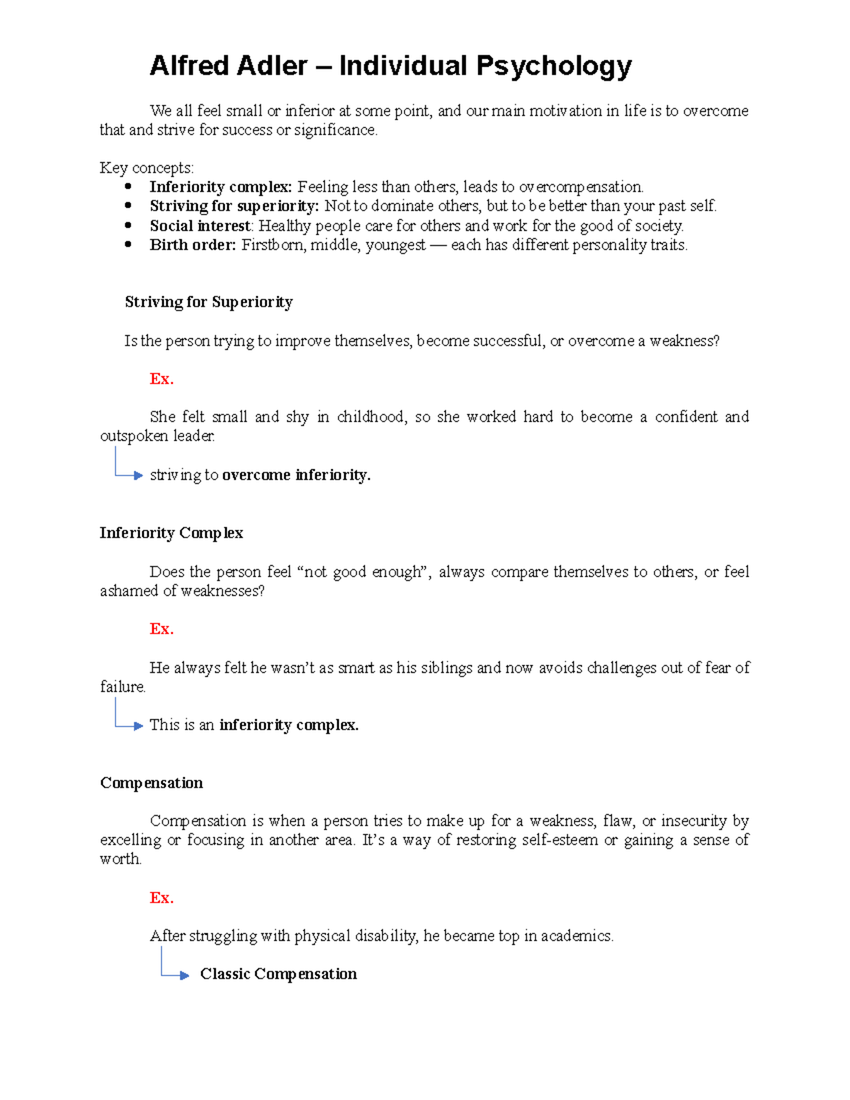 Adler - Key Concepts in Individual Psychology and Compensation - Studocu