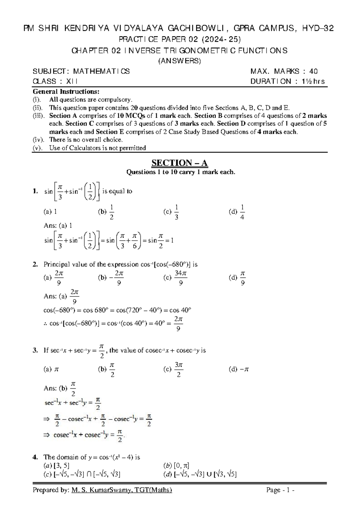 Maths XII Practice Paper 02: Inverse Trigonometric Functions (Answers ...