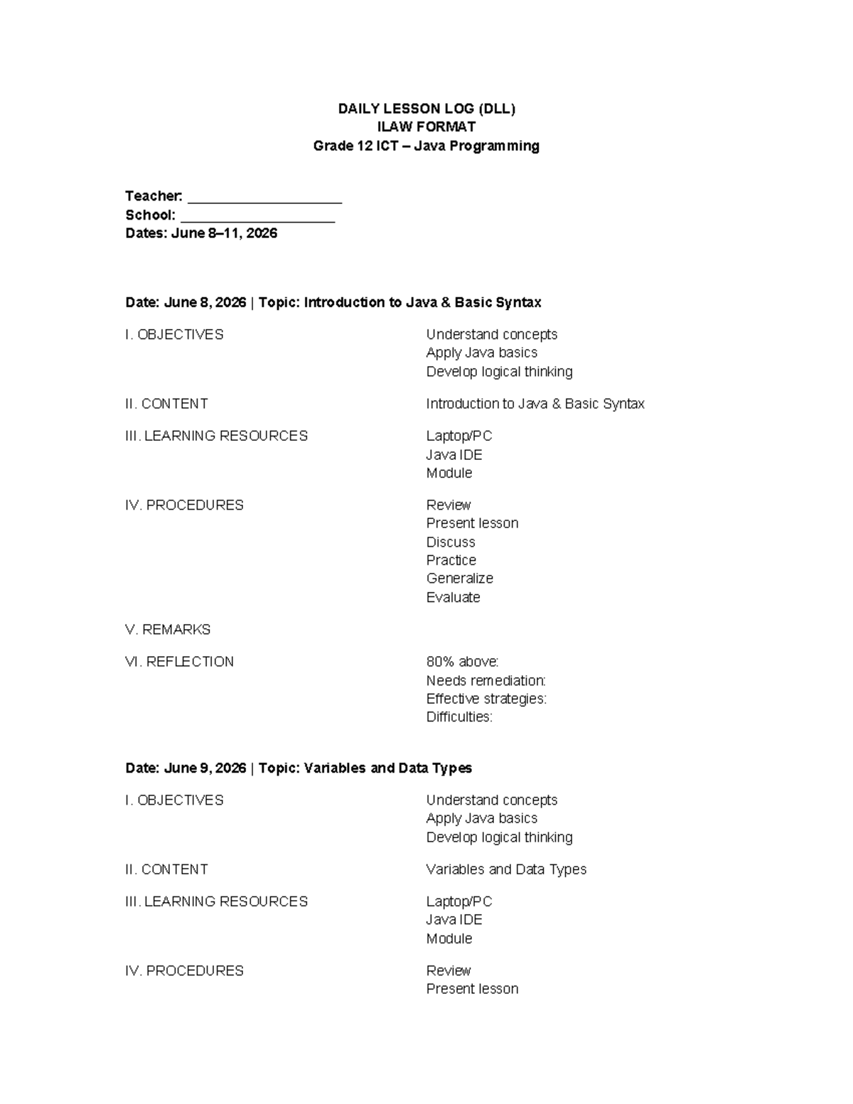 DAILY LESSON LOG (DLL) Grade 12 ICT: Java Programming Overview - Studocu
