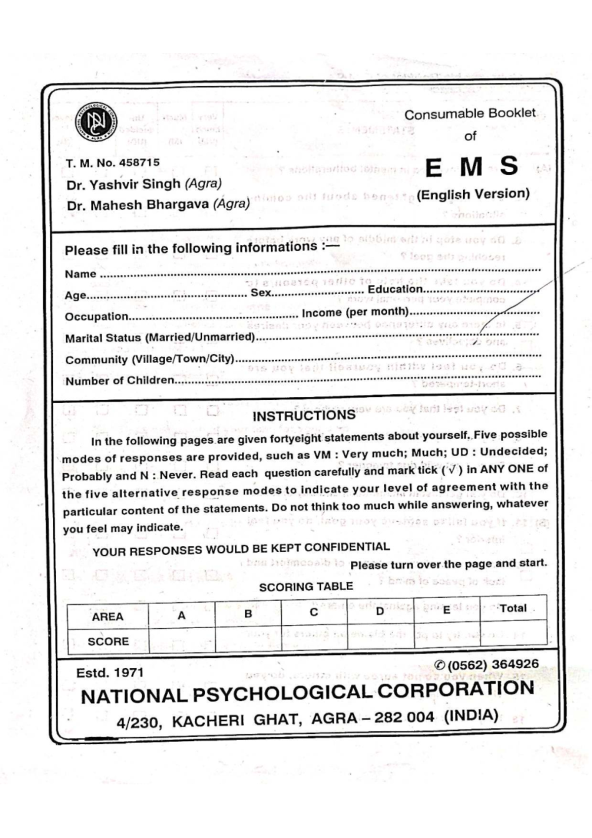 Emotional Maturity Scale (EMS) Consumable Booklet - Agra - Studocu