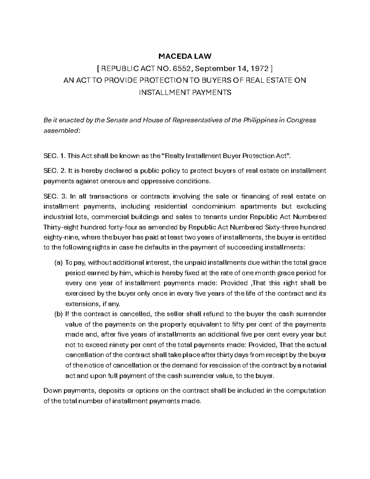 Maceda Law (RA 6552) - Buyer Protection on Installment Payments - Studocu