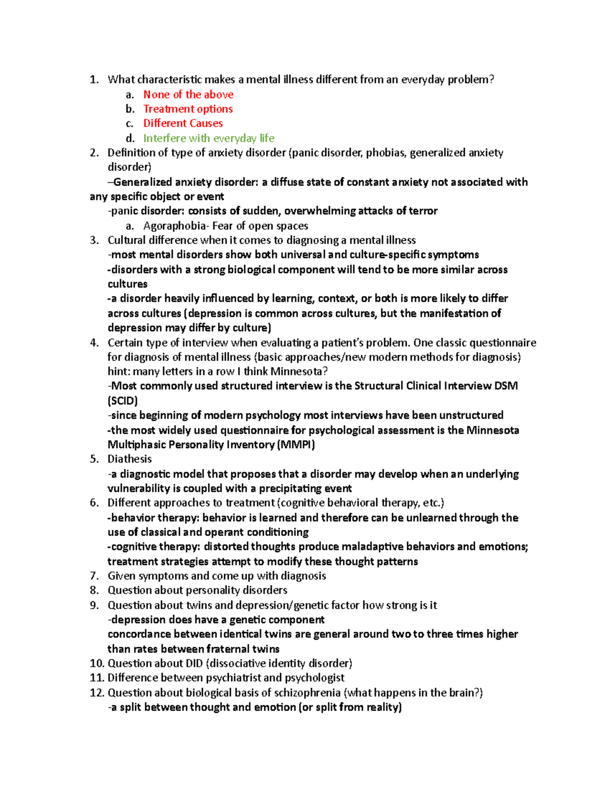 PSY 101 Exam 2 Study Guide - Key Mental Illness Concepts & Treatments ...