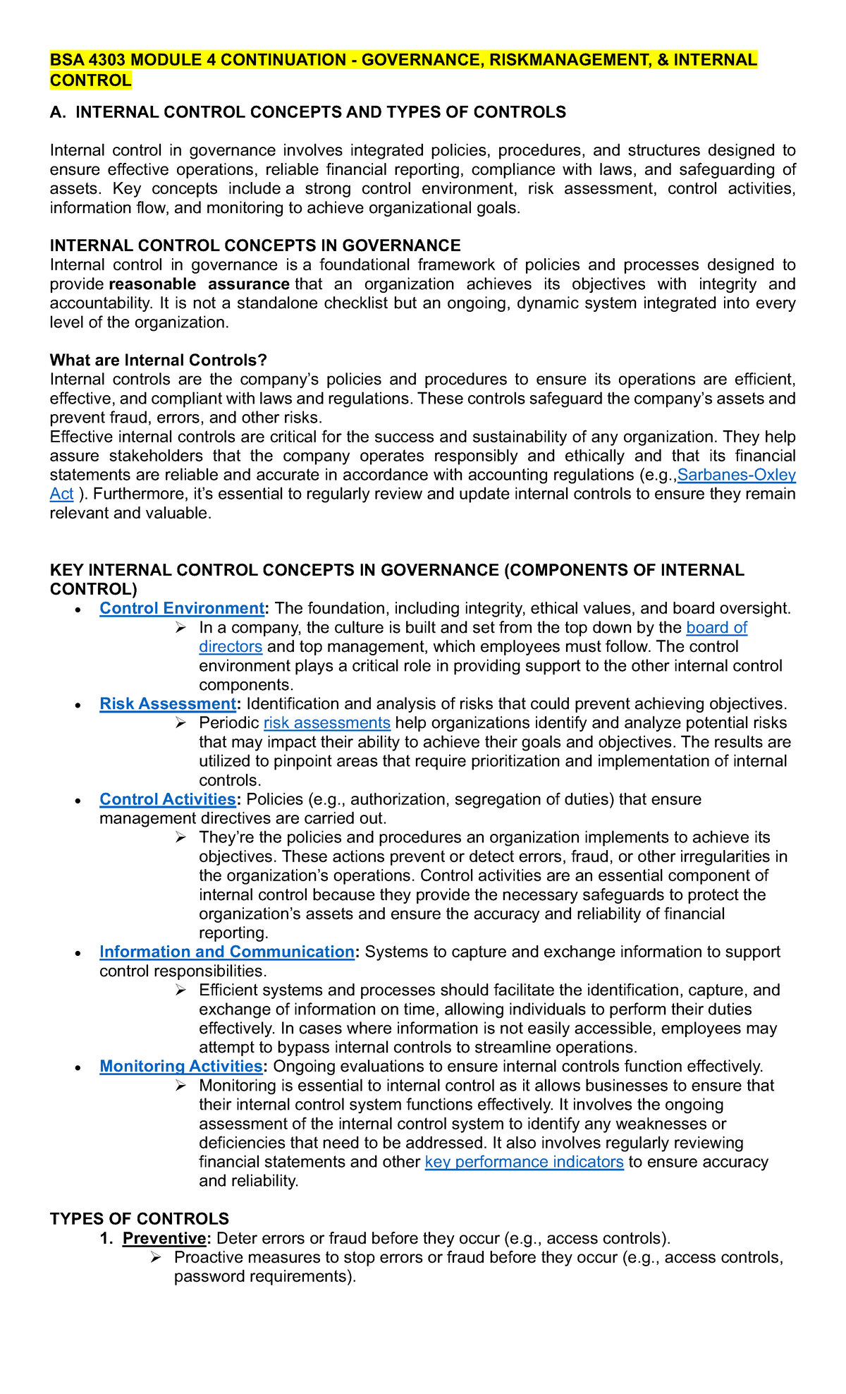 BSA 4303 Module 4: Governance, Risk Management & Internal Control ...