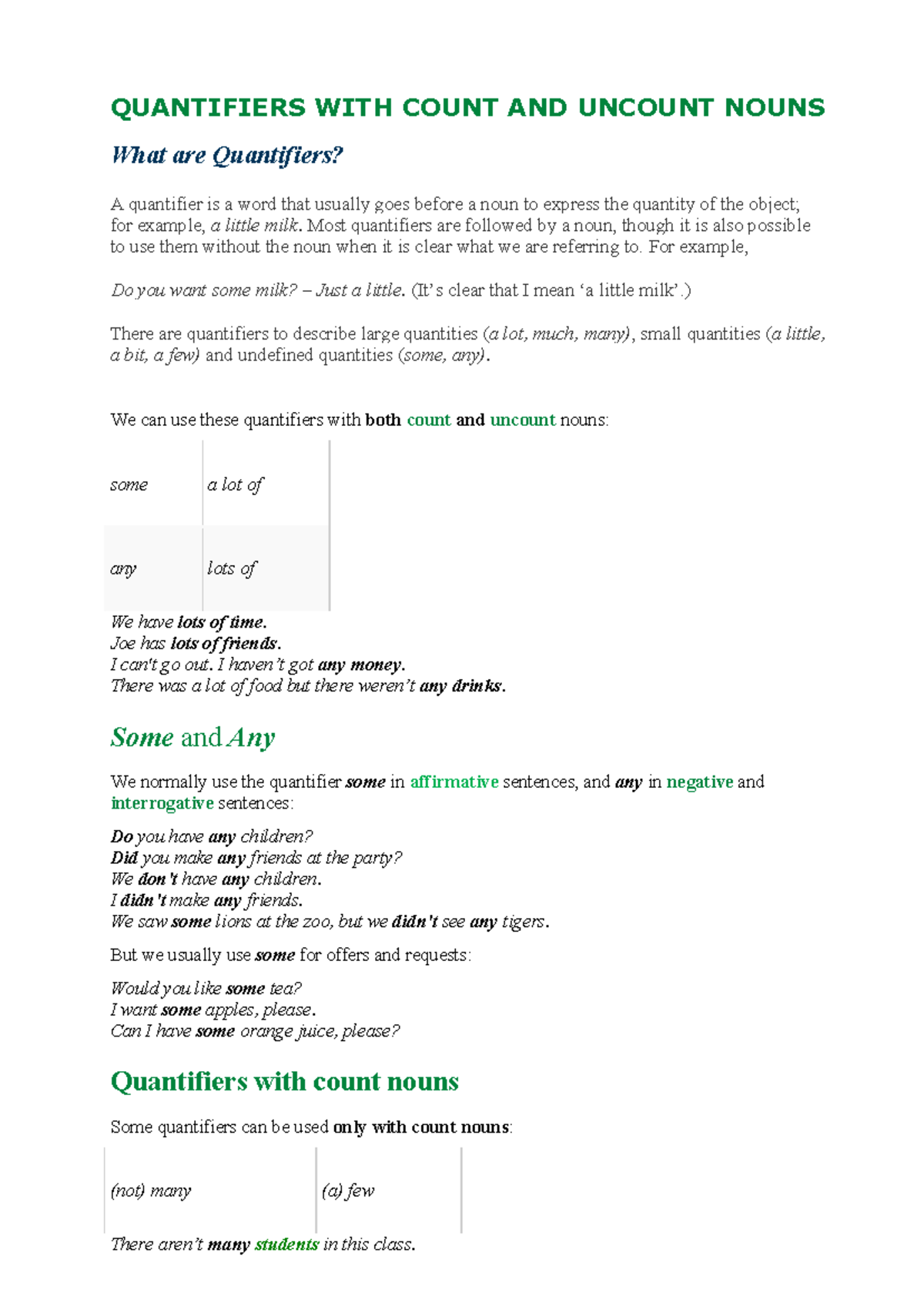 Quantifiers with Count & Uncount Nouns - Theory Notes - Studocu