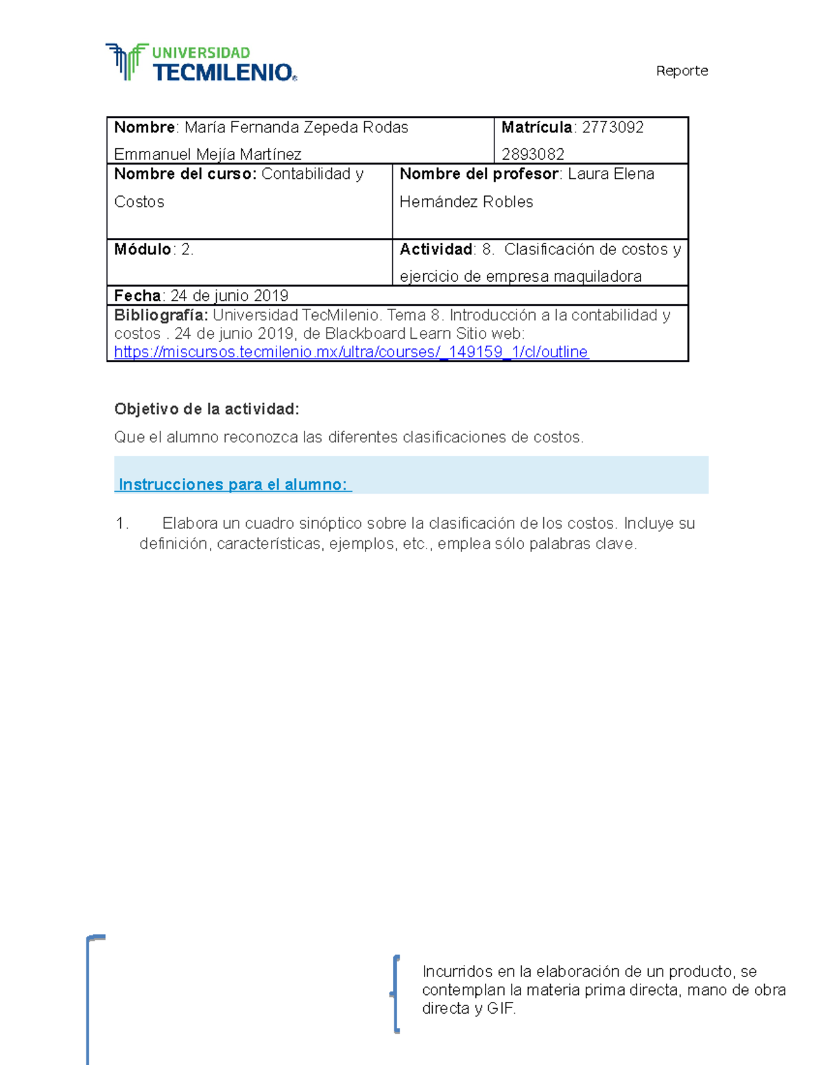 Actividad 8: Clasificación de Costos en Contabilidad y Costos - Studocu