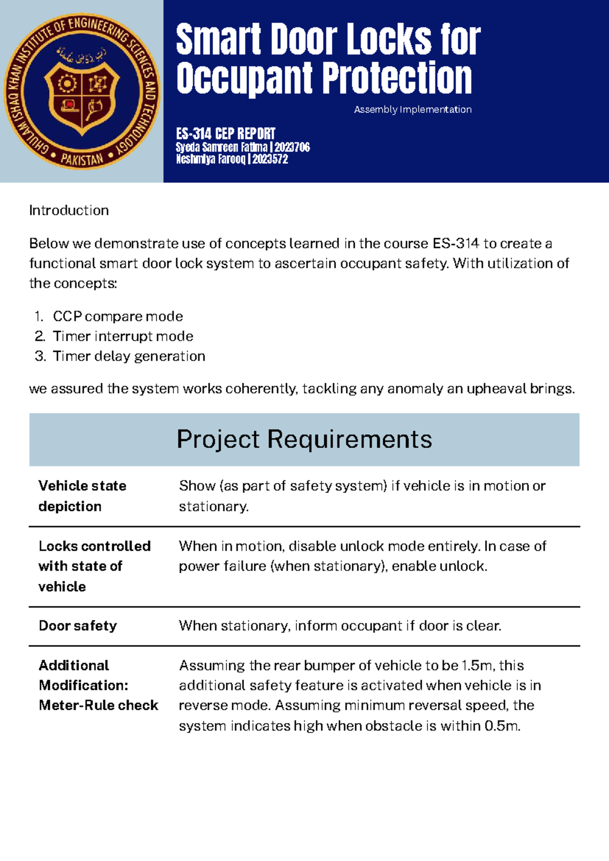 Smart Door Lock System for Occupant Safety - ES-314 CEP Report - Studocu