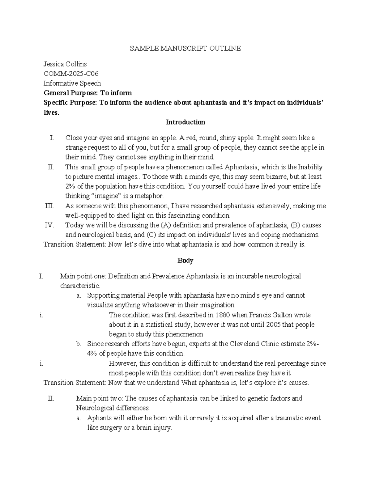 Collins Jessica Informative Speech Outline - SAMPLE MANUSCRIPT OUTLINE ...