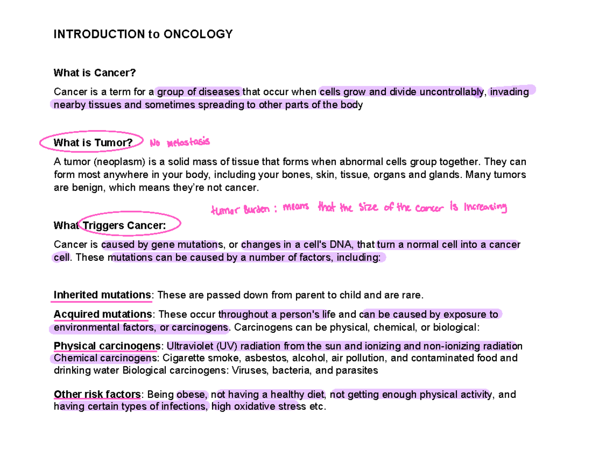ONC 101: Introduction to Cancer - Mechanisms and Treatment Basics - Studocu