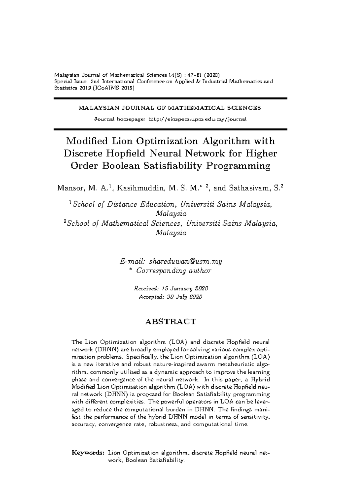 Modified Lion Optimization with DHNN for Higher Order Boolean SAT (BMM ...