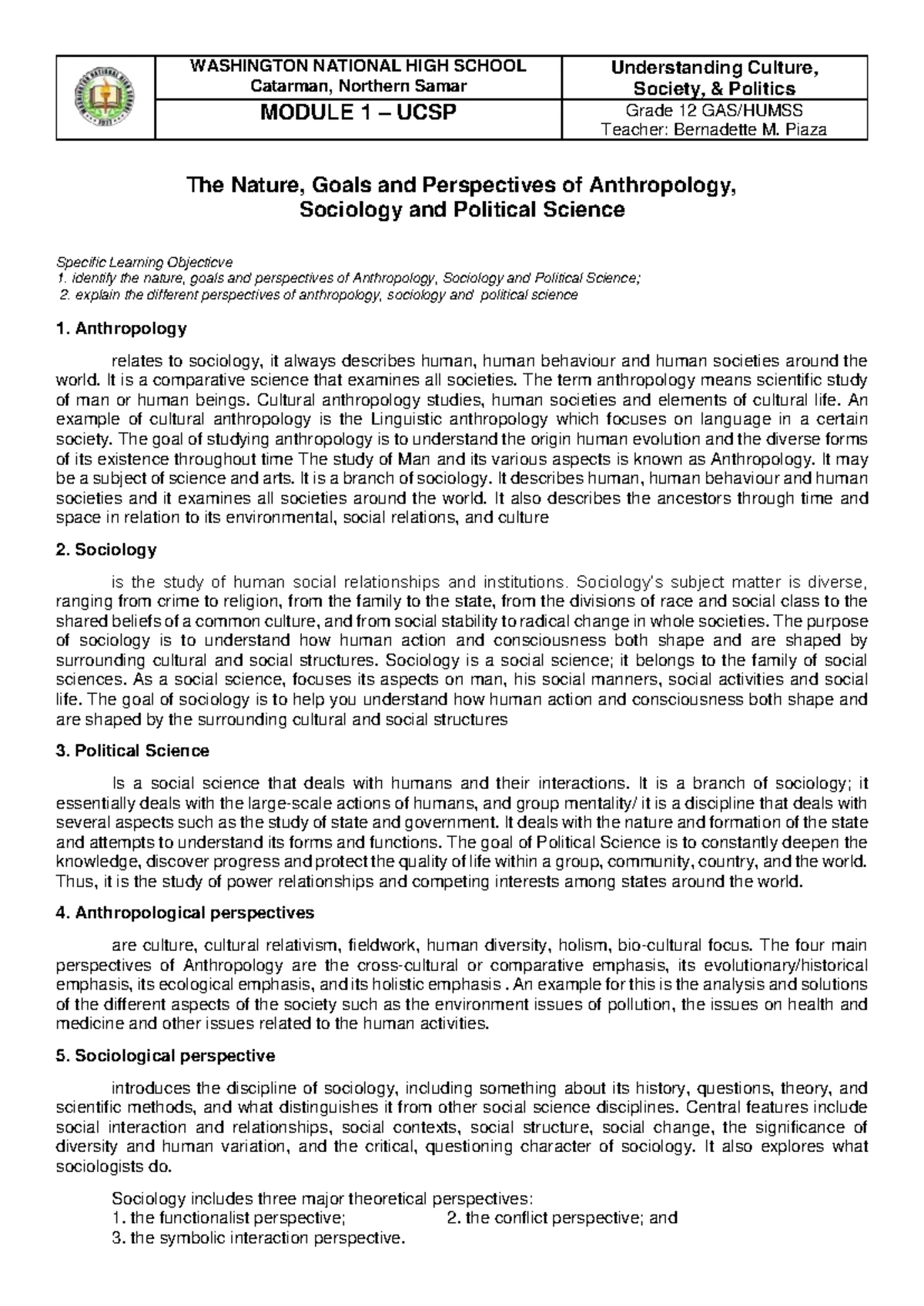UCSP Grade 12 Module 2: Understanding Society and Culture Summary - Studocu