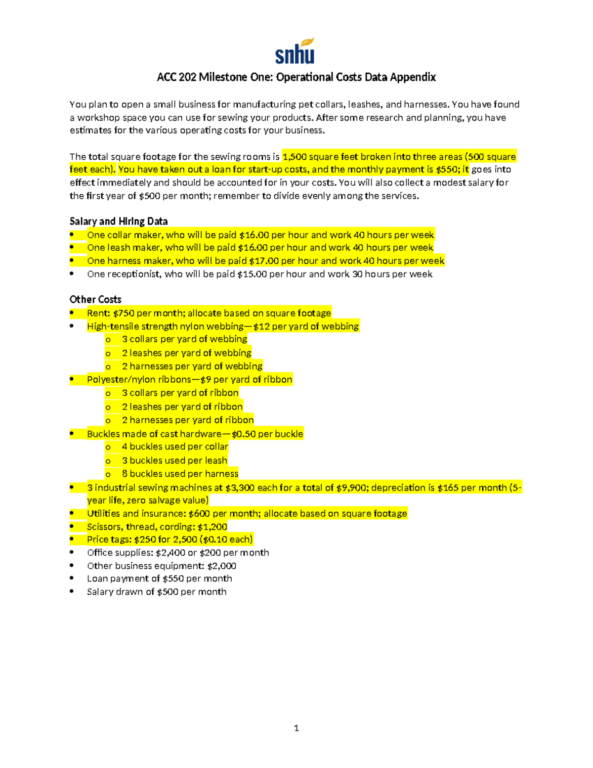 ACC 202 Milestone One Operational Costs Data Appendix - You have found ...