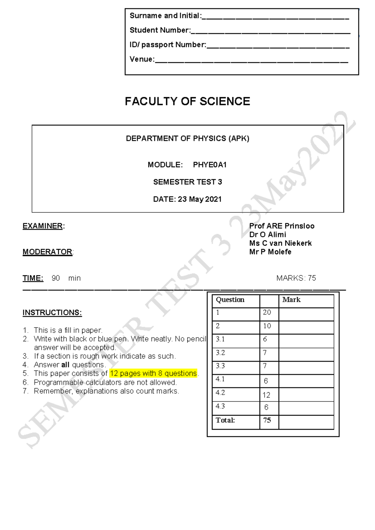 PHYE0A Semester Test 3 Memo - Physics Department Overview - Studocu