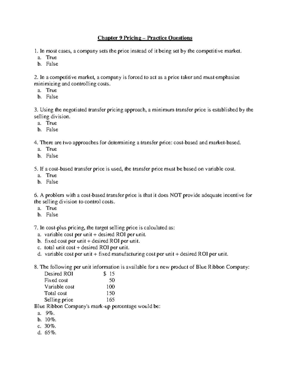 Chapter 9 Pricing Practice Questions and Answers for Review - Studocu