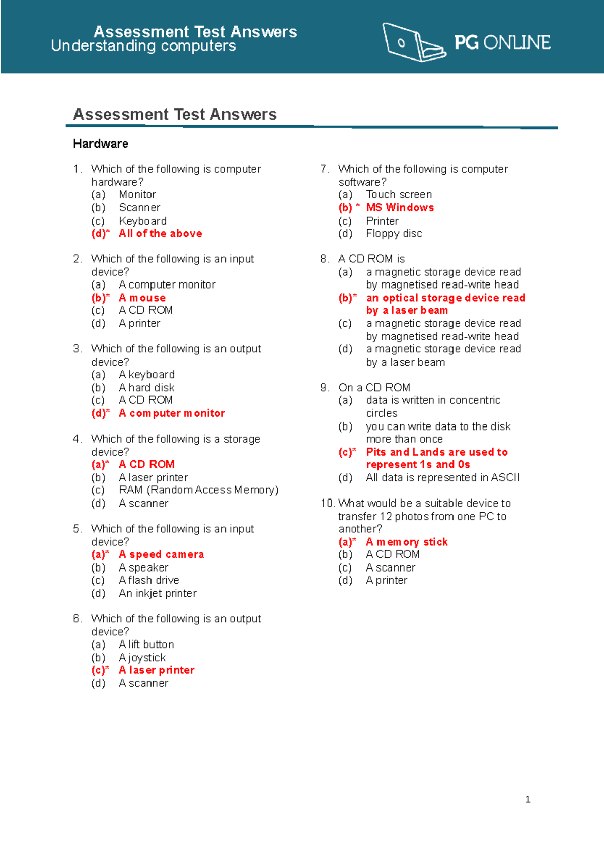 UCom Assessment Test Answers: Hardware, Memory, Binary, ASCII - Studocu