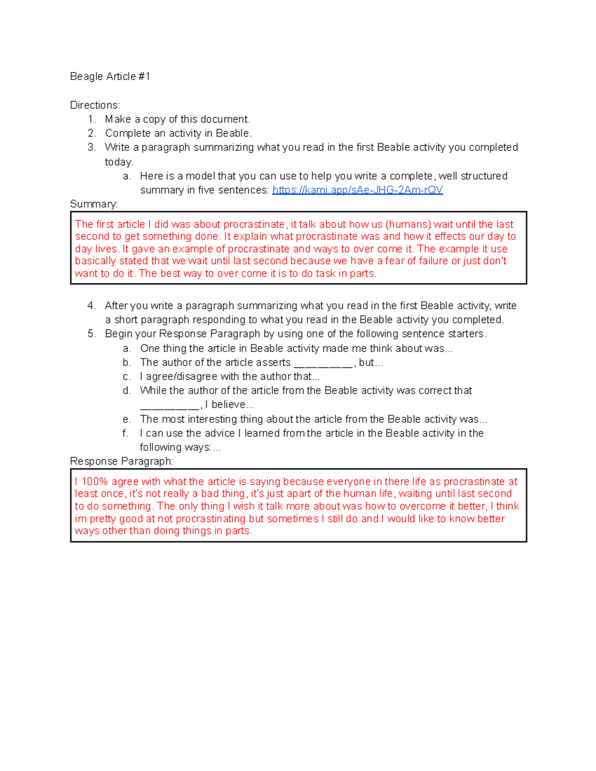 Beable Activity Summary & Response on Procrastination Insights - Studocu