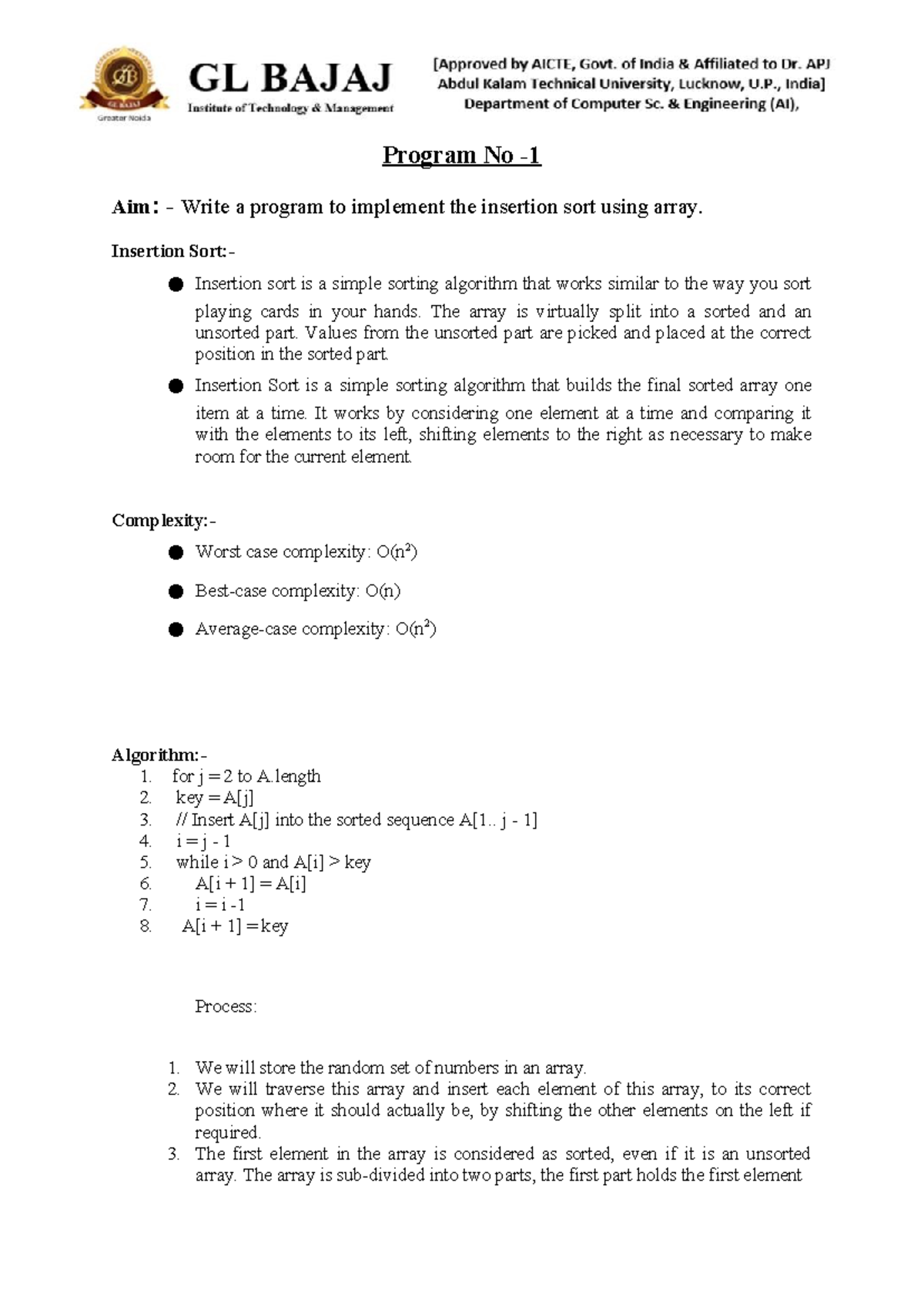 DAA Program 1: Insertion Sort Implementation Notes 2025-26 - Studocu