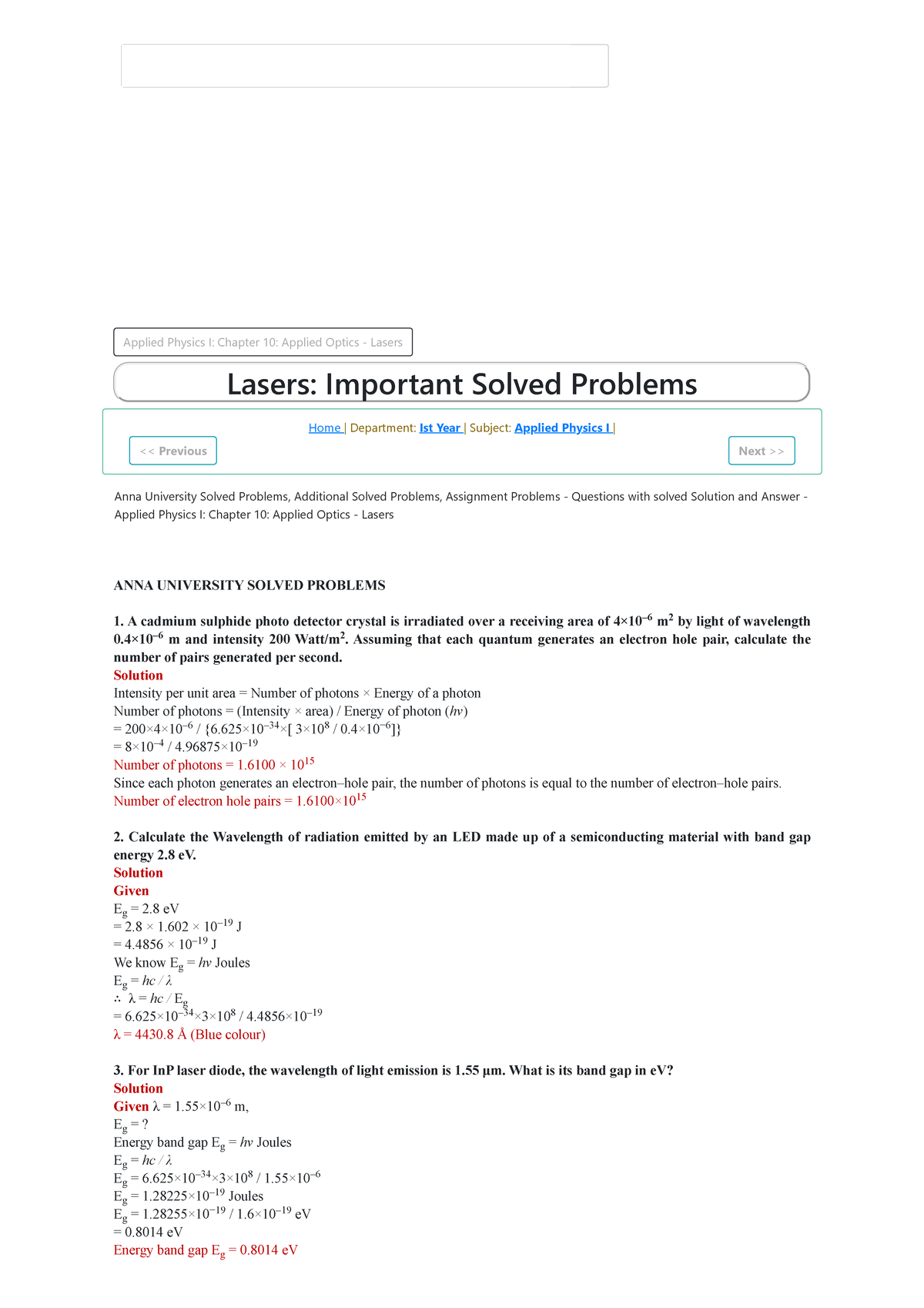 Applied Physics I: Chapter 10 - Important Solved Problems on Lasers ...