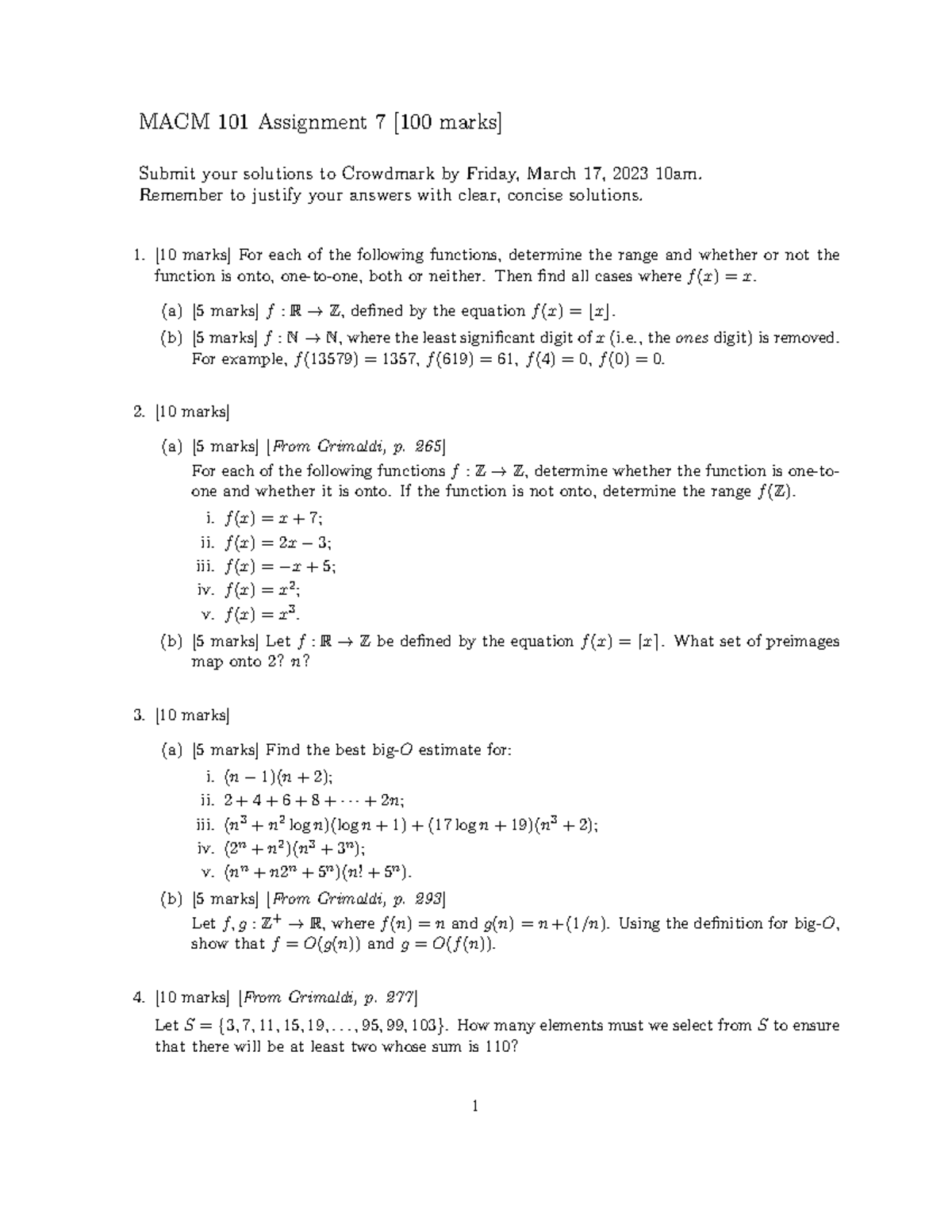 MACM 101 - Assignment 7 Solutions and Justifications - Studocu
