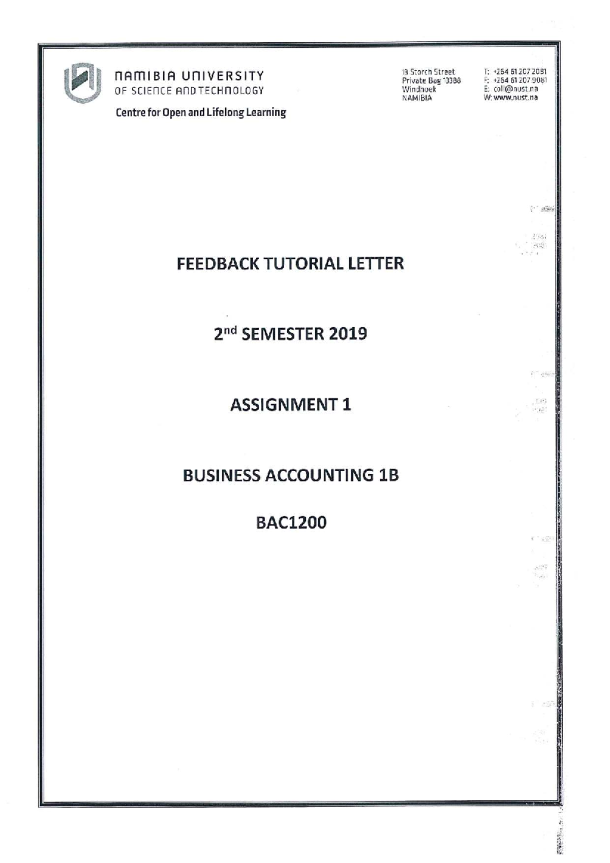 BAC1200 Feedback Tutorial Memo for Assignment 1 - 2nd Semester 2019 ...