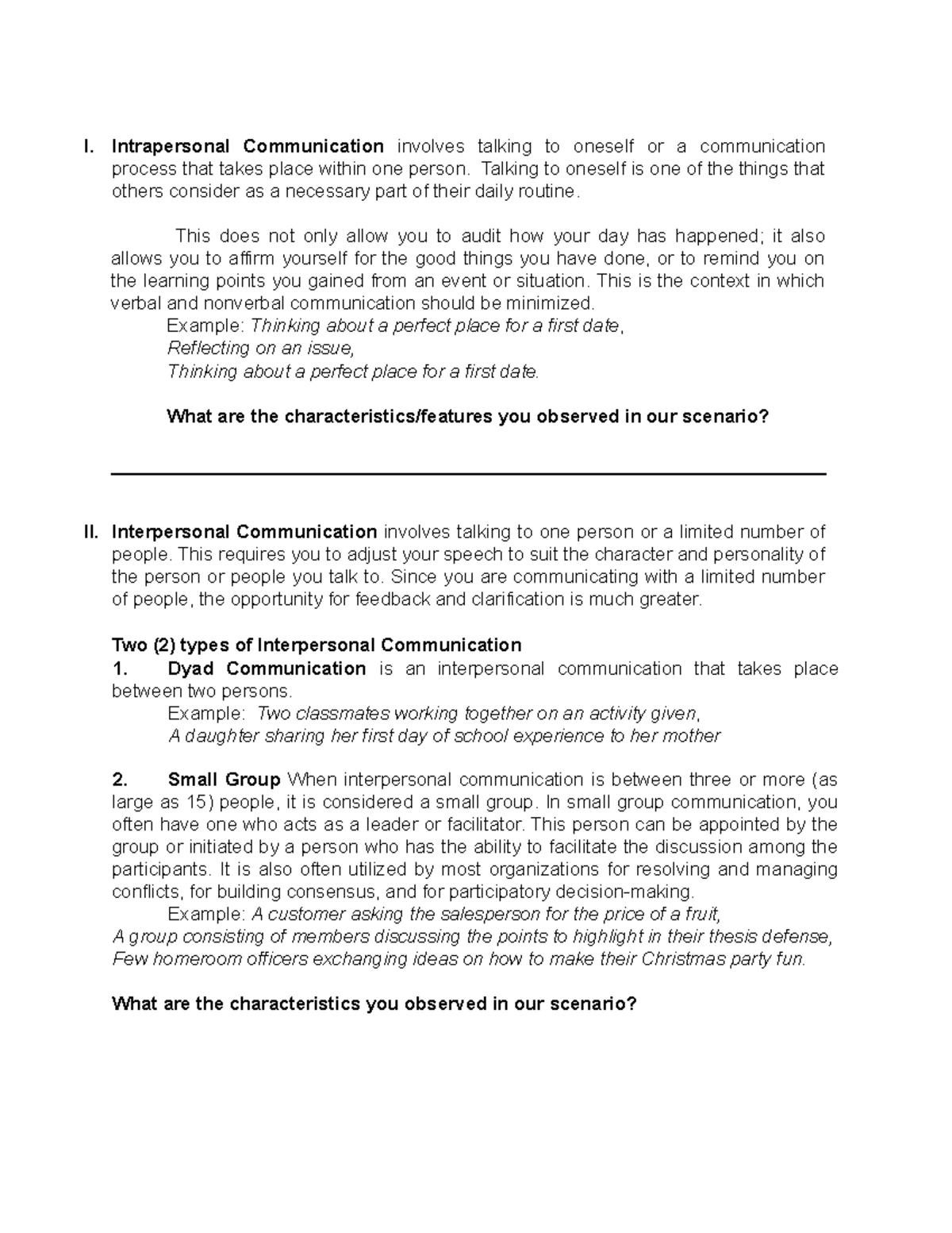 Intrapersonal Communication Examples Scenario
