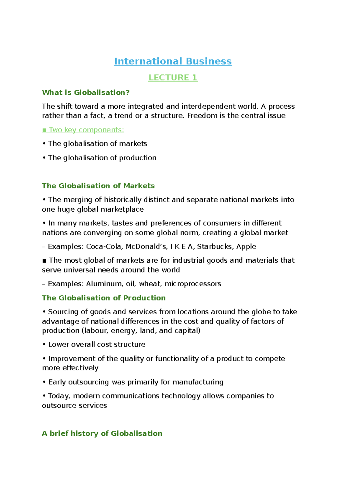 INTL BUS LECTURE 1: Understanding Globalisation and Its Impacts - Studocu