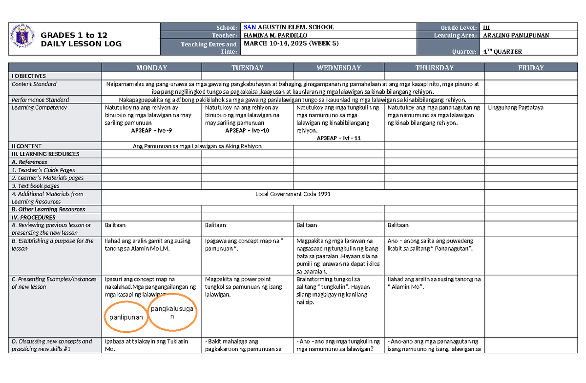 DLL Araling Panlipunan 3 Q4 W5 - GRADES 1 to 12 DAILY LESSON LOG School ...