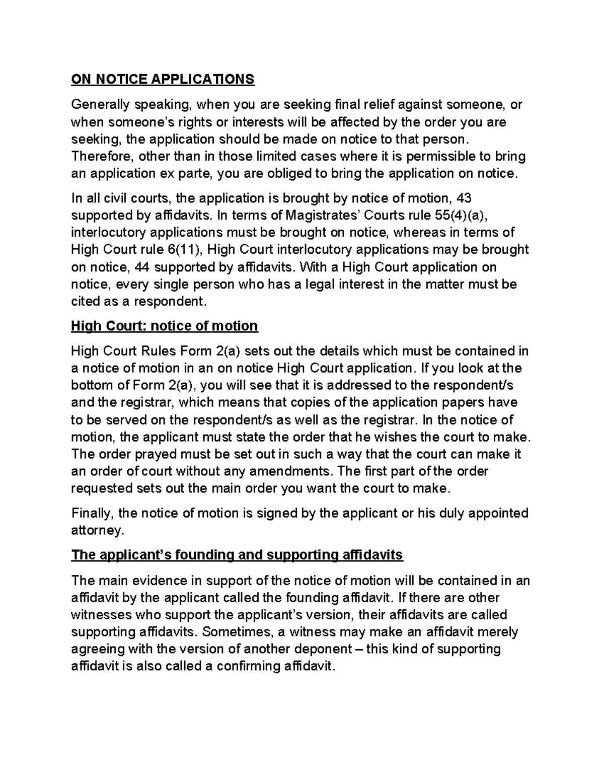Civil Procedure Notes: On Notice Applications in High Court - Studocu