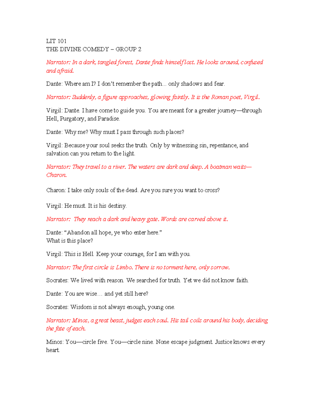 LIT 101 The Divine Comedy Group 2 Script Analysis - Studocu