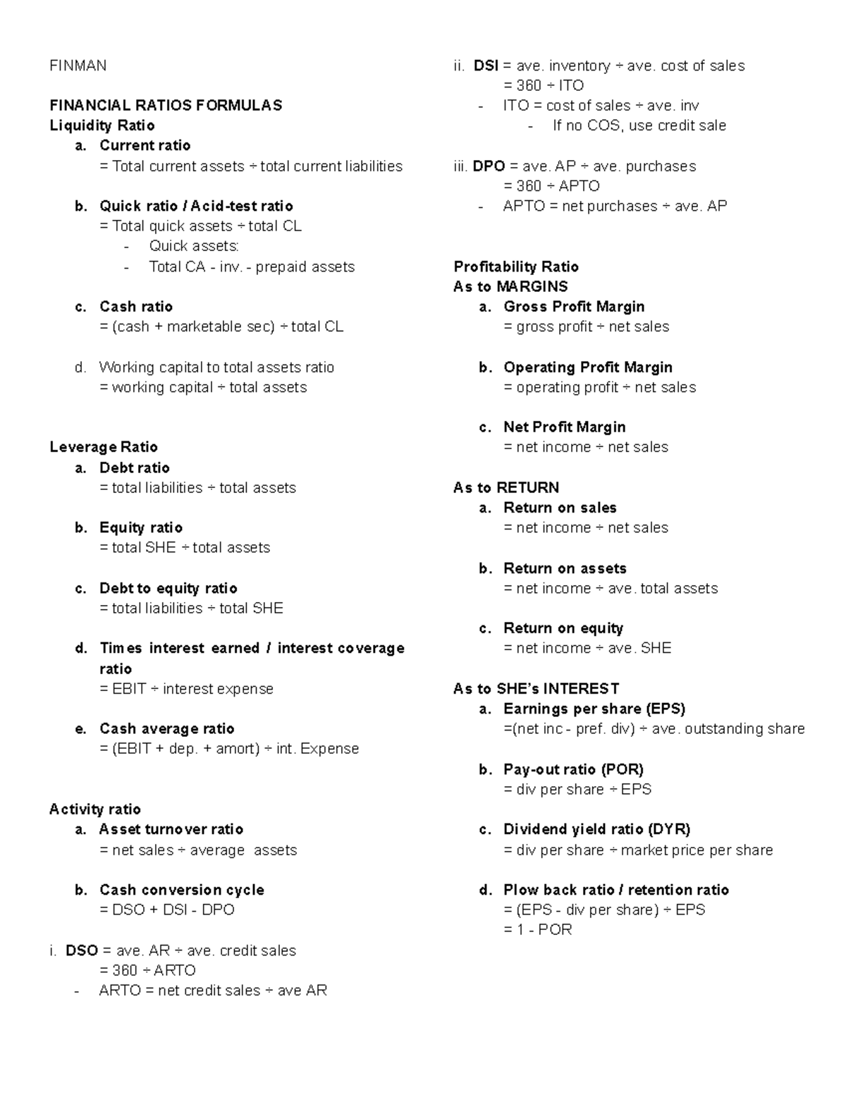 FINMAN Lecture Notes: Financial Ratios & Cash Flow Analysis - Studocu