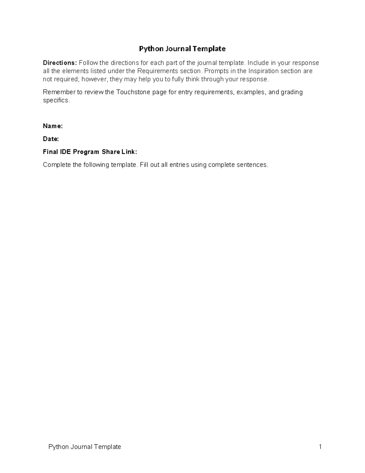Python Journal Template - Python Journal Template Directions: Follow ...