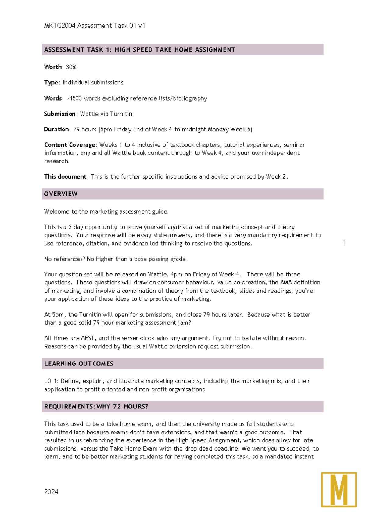 MKTG2004 S1 2024 Assessment - 1 ASSESSMENT TASK 1: HIGH SPEED TAKE HOME ...
