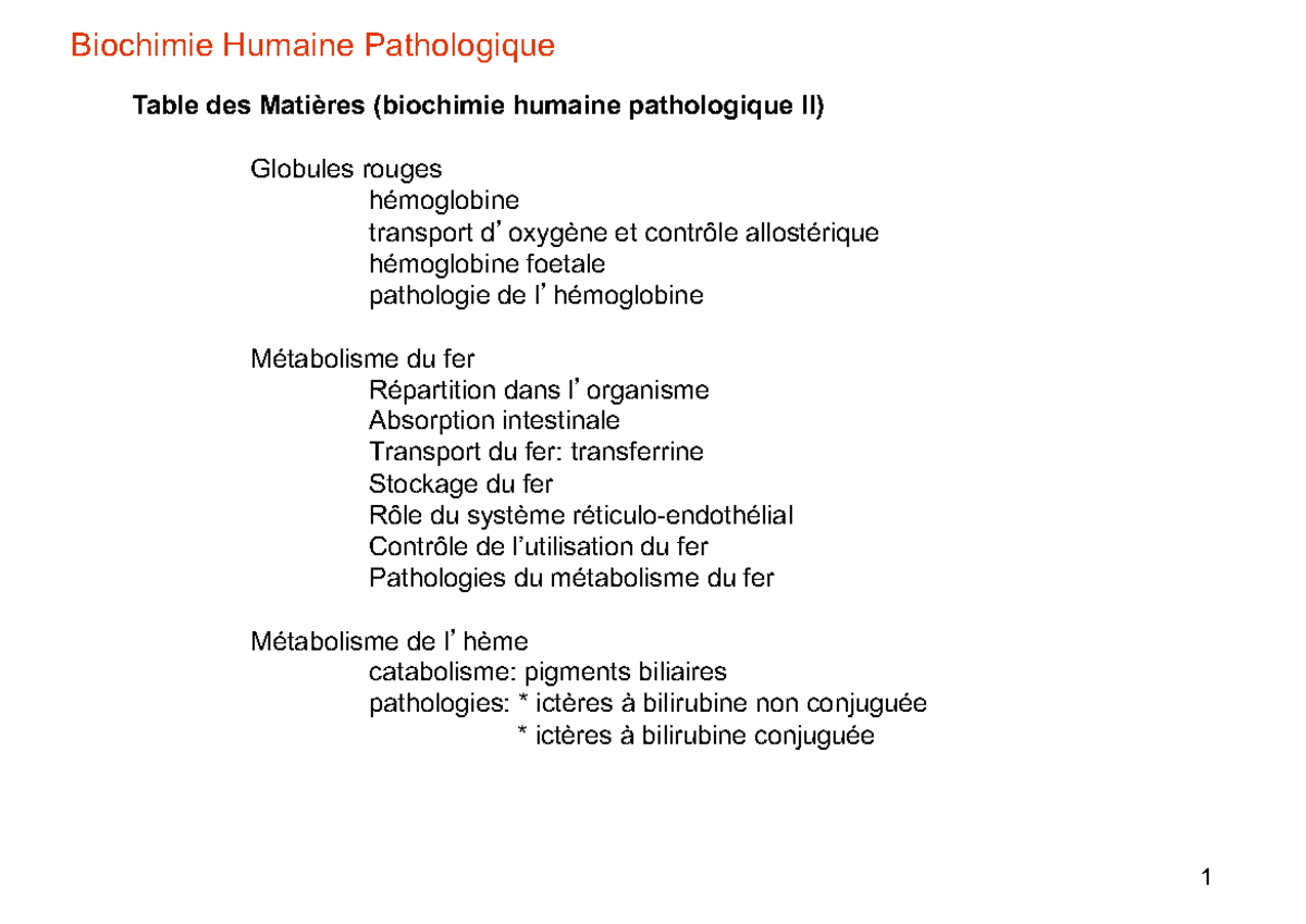 Biochimie Humaine Pathologique II: Métabolisme du Fer et Globules ...