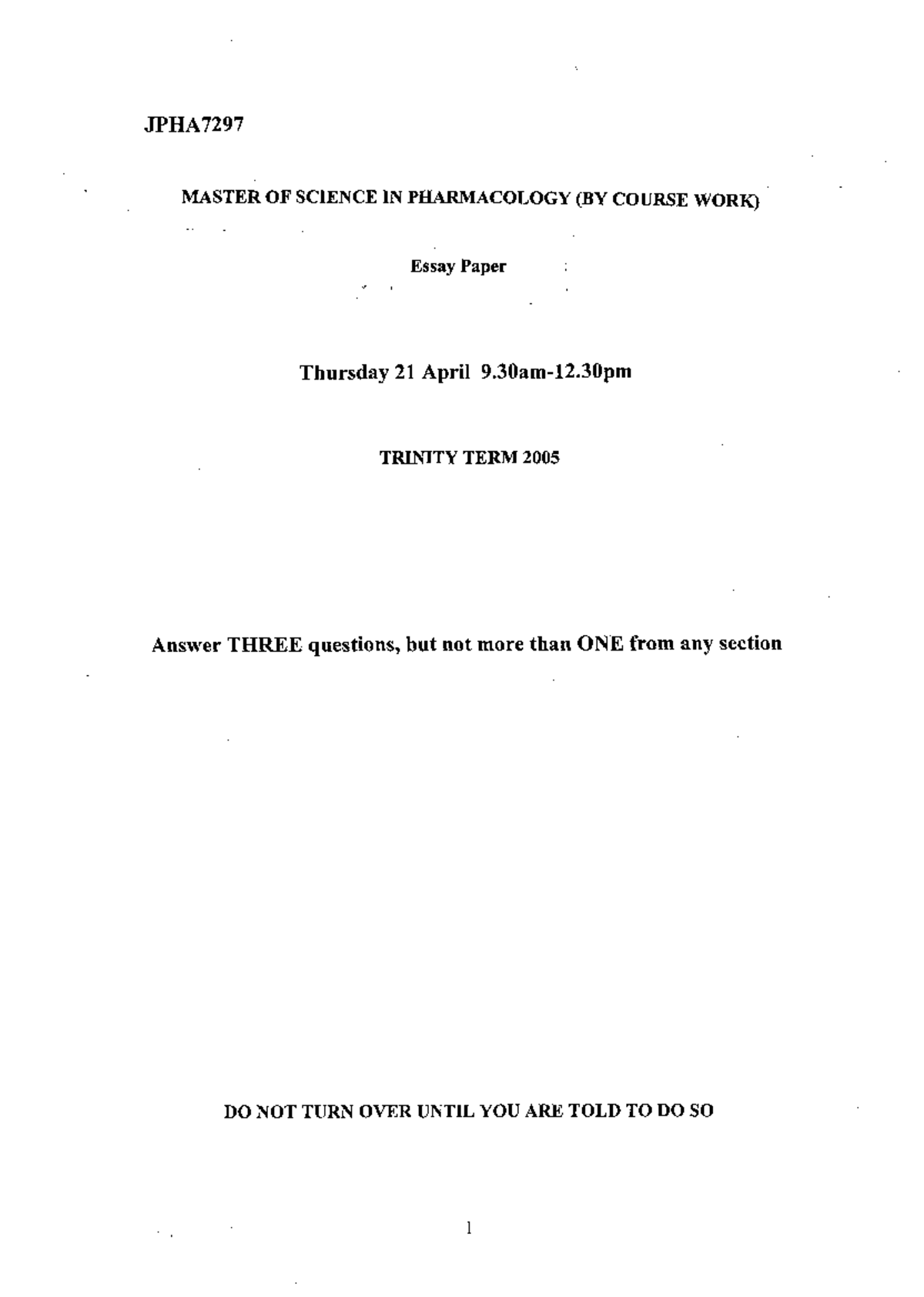 JPHA7297 MSc Pharmacology Essay Paper I - Trinity Term 2005 - Studocu