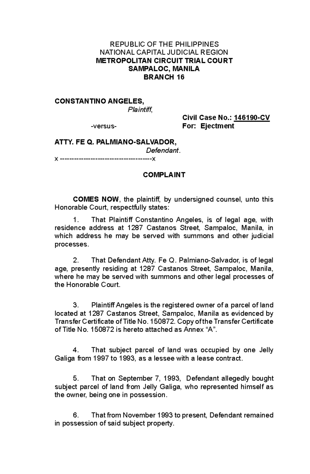 Civil Case No. 146190-CV: Ejectment Complaint by Constantino Angeles ...