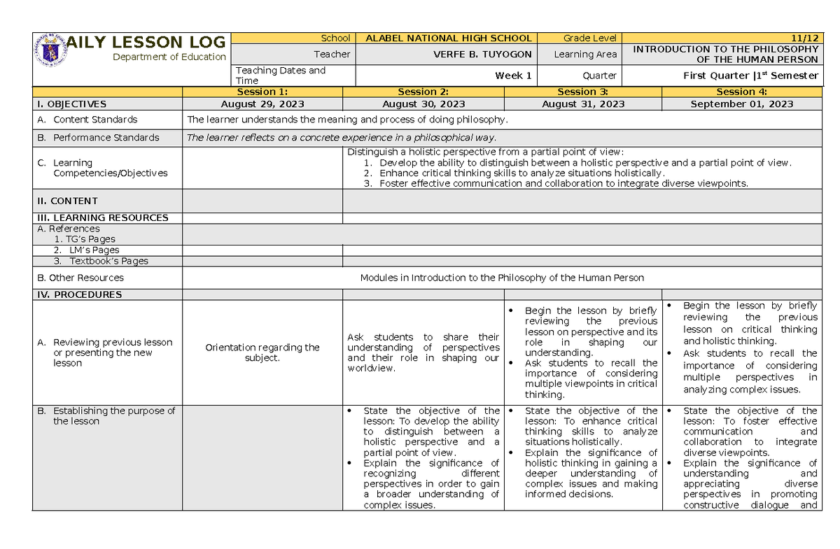 DAILY LESSON LOG: Intro to Philosophy of the Human Person (Week 1 ...