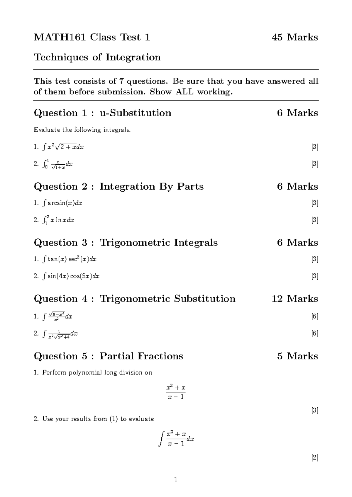 MATH161 Class Test 1 - Techniques of Integration and u-Substitution ...
