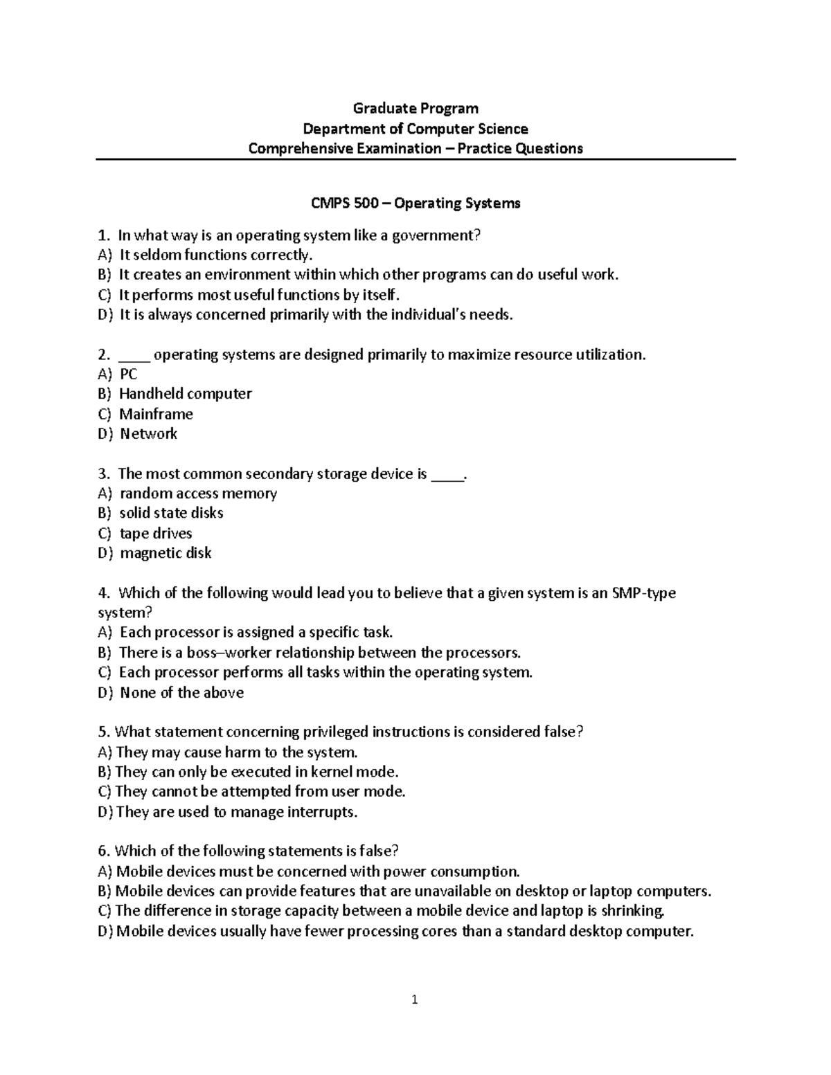 CMPS Comprehensive exam MCQ Practice Questions - Graduate Program ...