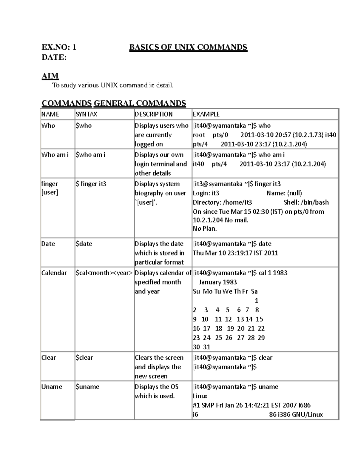 OS LAB Final Record - ehdbdb - EX: 1 BASICS OF UNIX COMMANDS DATE: AIM ...