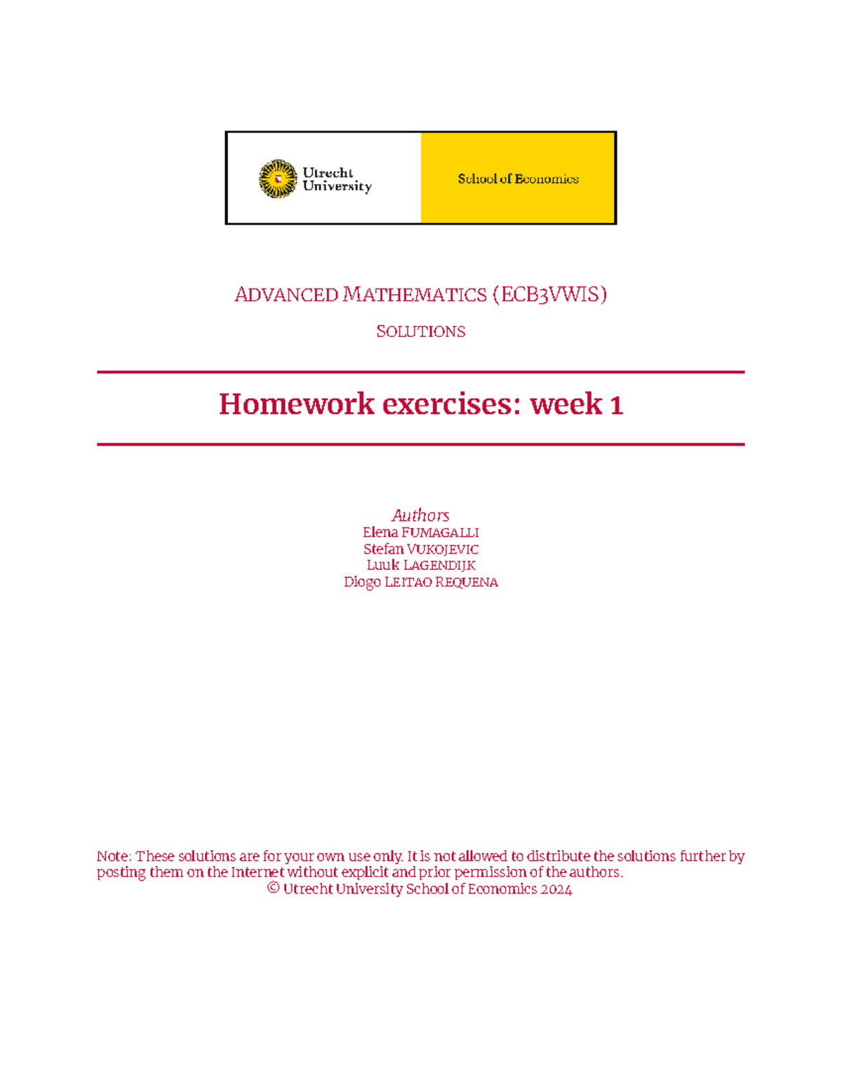 Advanced Mathematics (ECB3VWIS) Homework Solutions: Week 1 - Studeersnel